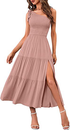2025 New Summer Fashion Women's One-shoulder Pleated Layered Hem Split Dress (Copy)